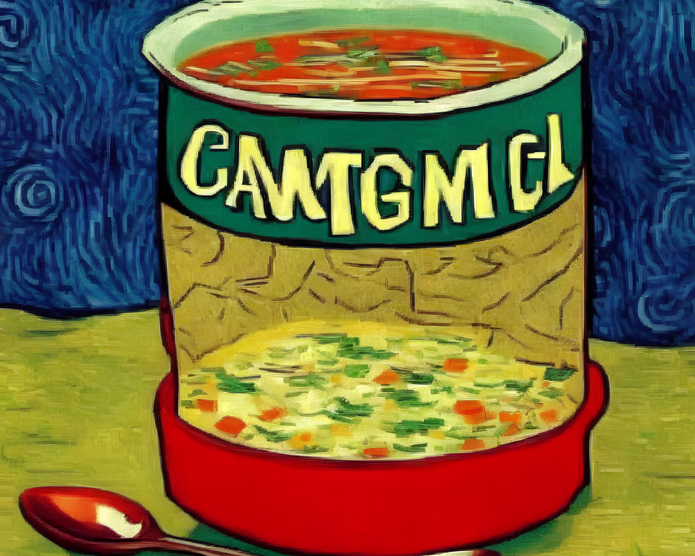 Stylized soup can with "CAMTMCL" label on blue background, spoon, and open