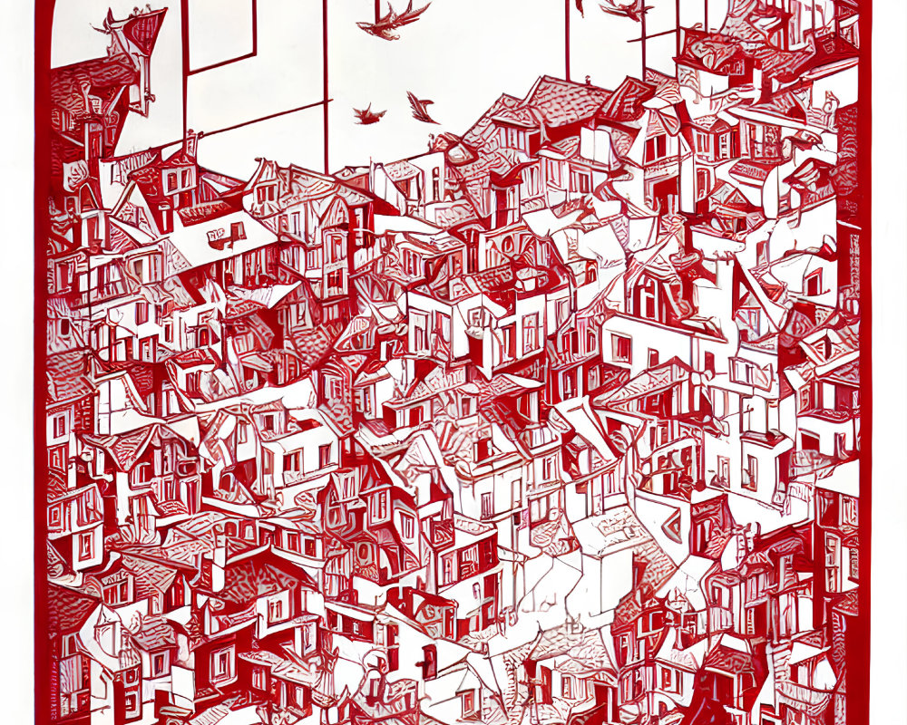 Monochromatic red and white whimsical house cluster with flying birds and cats