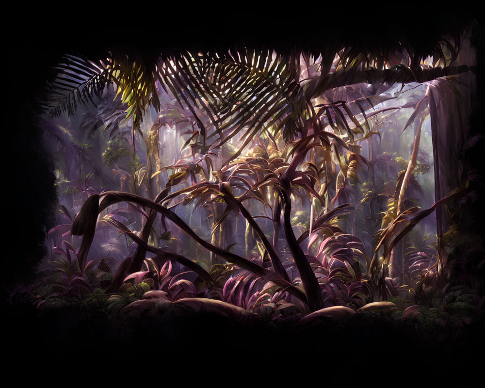 Enigmatic dimly lit forest with lush, colorful foliage