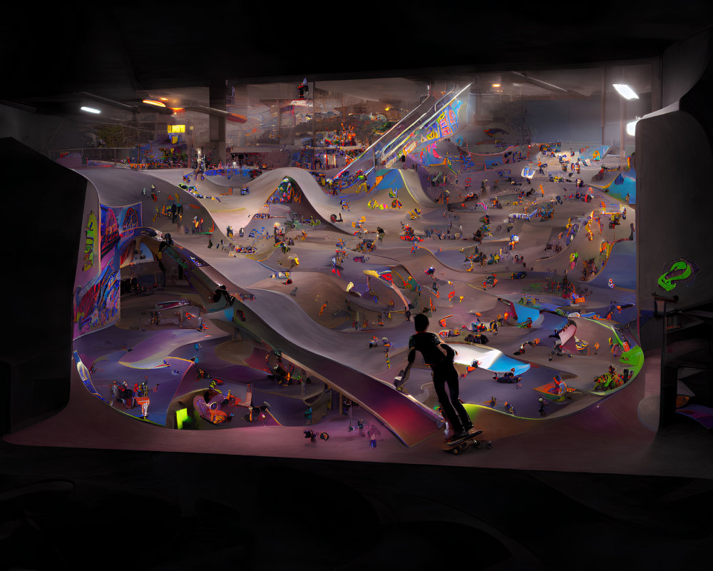 Indoor Skatepark with Ramps, Skaters, Graffiti, and Lighting