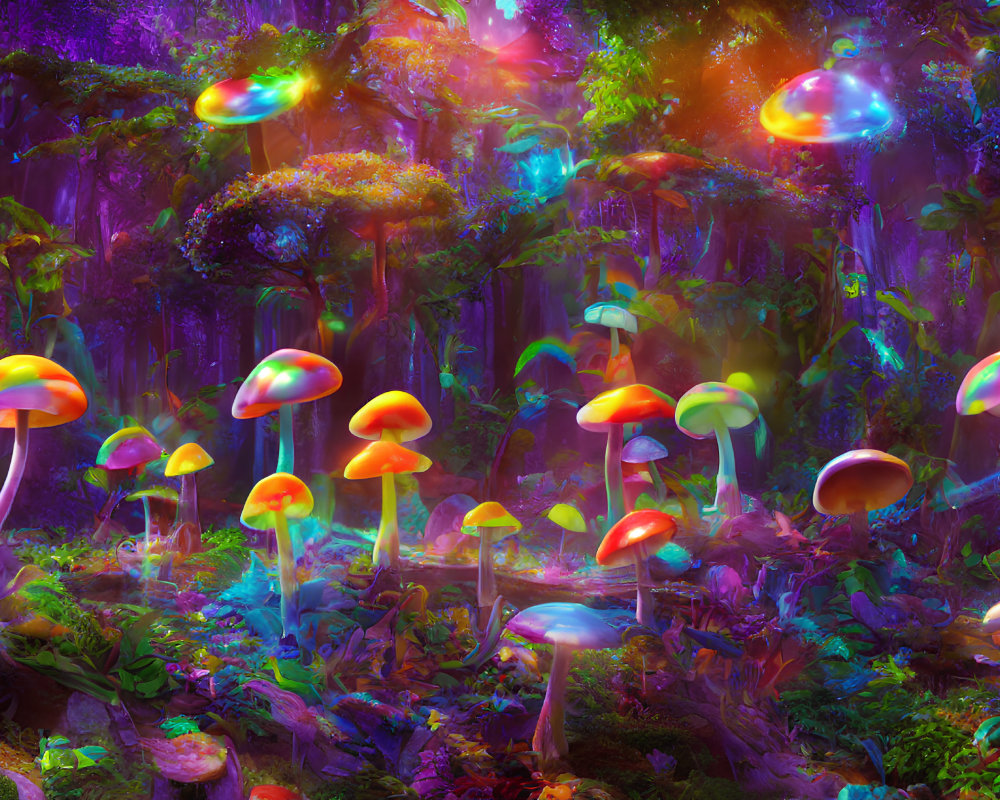 Colorful Forest with Glowing Mushrooms in Lush Vegetation