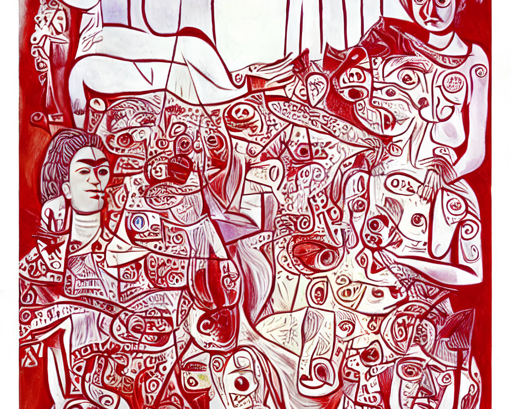 Abstract painting with stylized human figures and faces in red and white against a patterned background