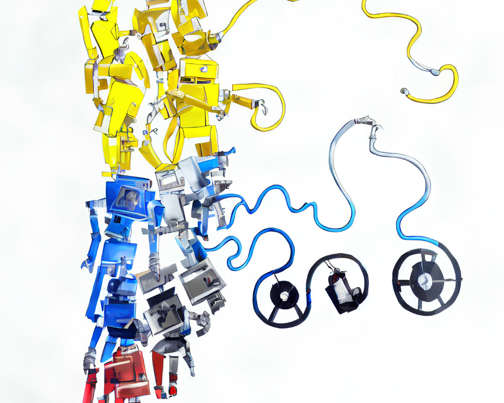 Assorted Toy Robots with Hoses and Cables on White Background