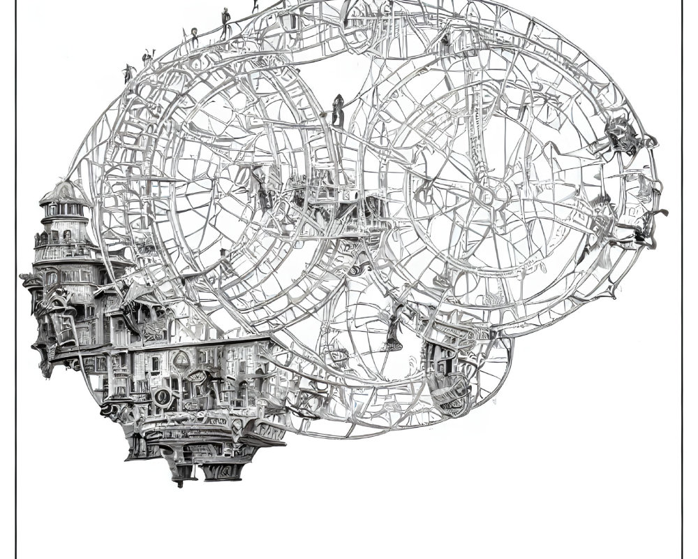 Detailed illustration of spherical mechanical structure with architectural elements and silhouetted figures on white background