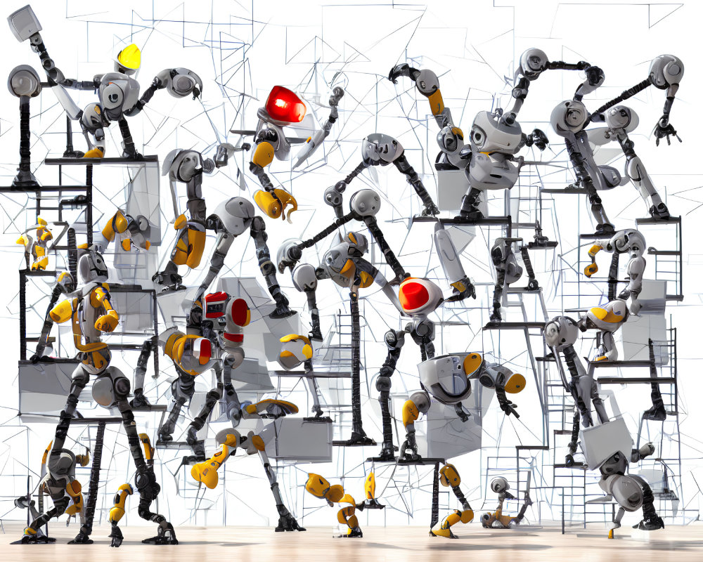 Stylized robots in various poses on chaotic construction site.