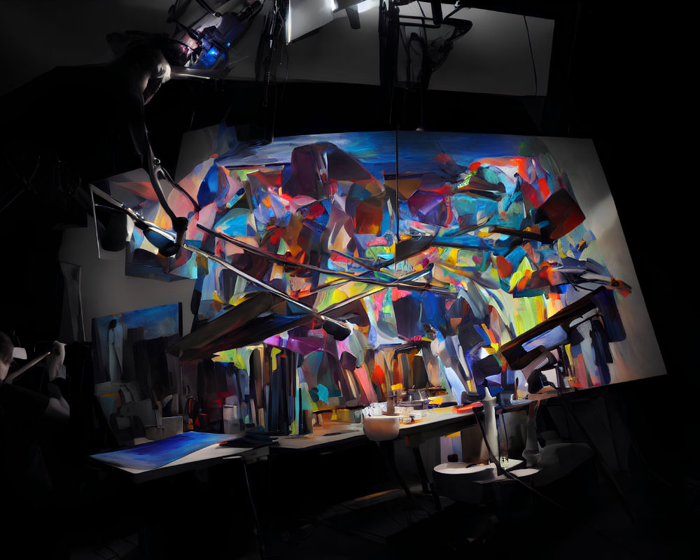 Colorful abstract canvas painted in dimly lit studio with observer.