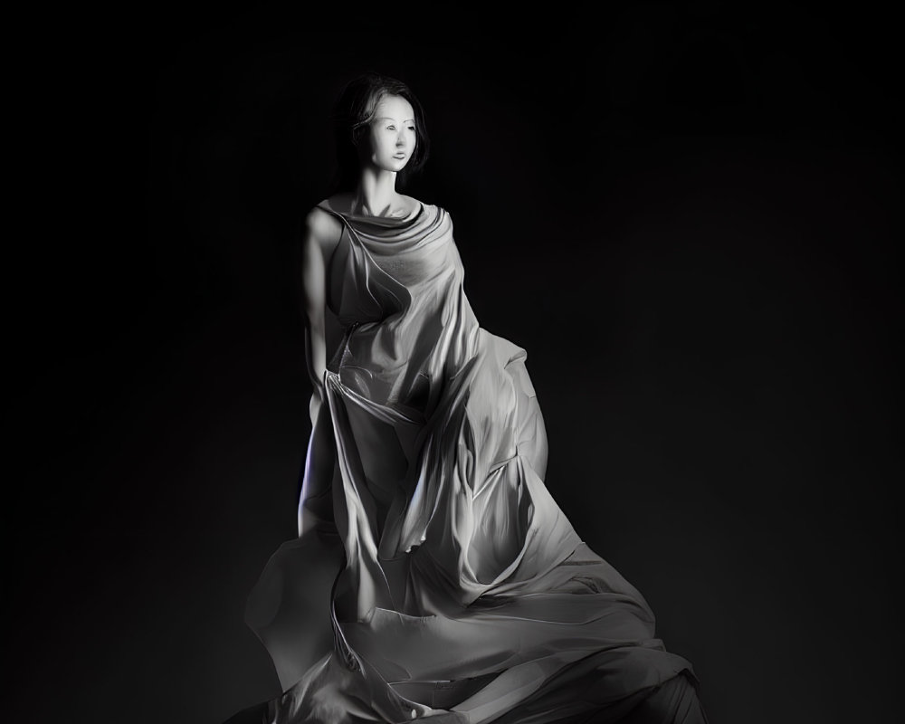 Elegant woman in flowing fabric against dark background