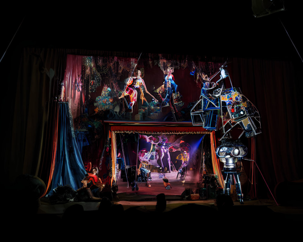 Theatrical stage with dramatic lighting and performers in elaborate costumes