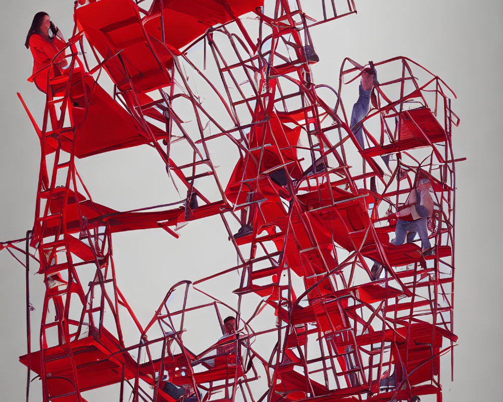 Chaotic Red Chairs Stacked with People on Grey Background