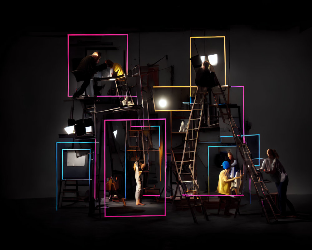 Group of People Climbing Ladders and Posing in Dynamic Scene