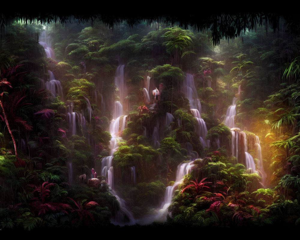 Lush jungle waterfall in mystical setting