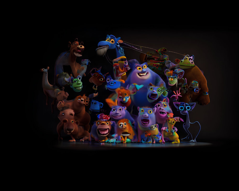 Vibrant animated monster characters in a dark setting