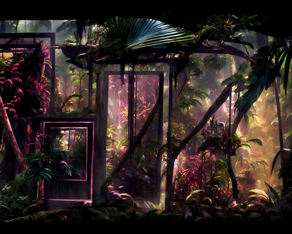 Sunlit Jungle Scene with Geometric Frames in Dense Foliage