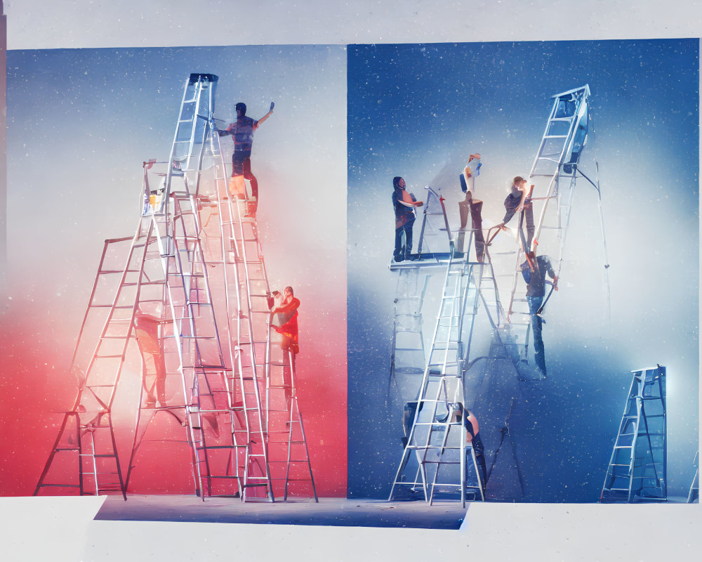 Split image of individuals painting on ladders: warm tones on left side, single person; cool tones