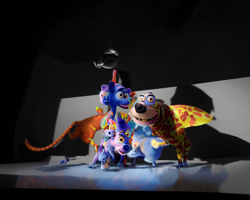 Colorful Family of Animal Characters Under Spotlight with Shared Shadow