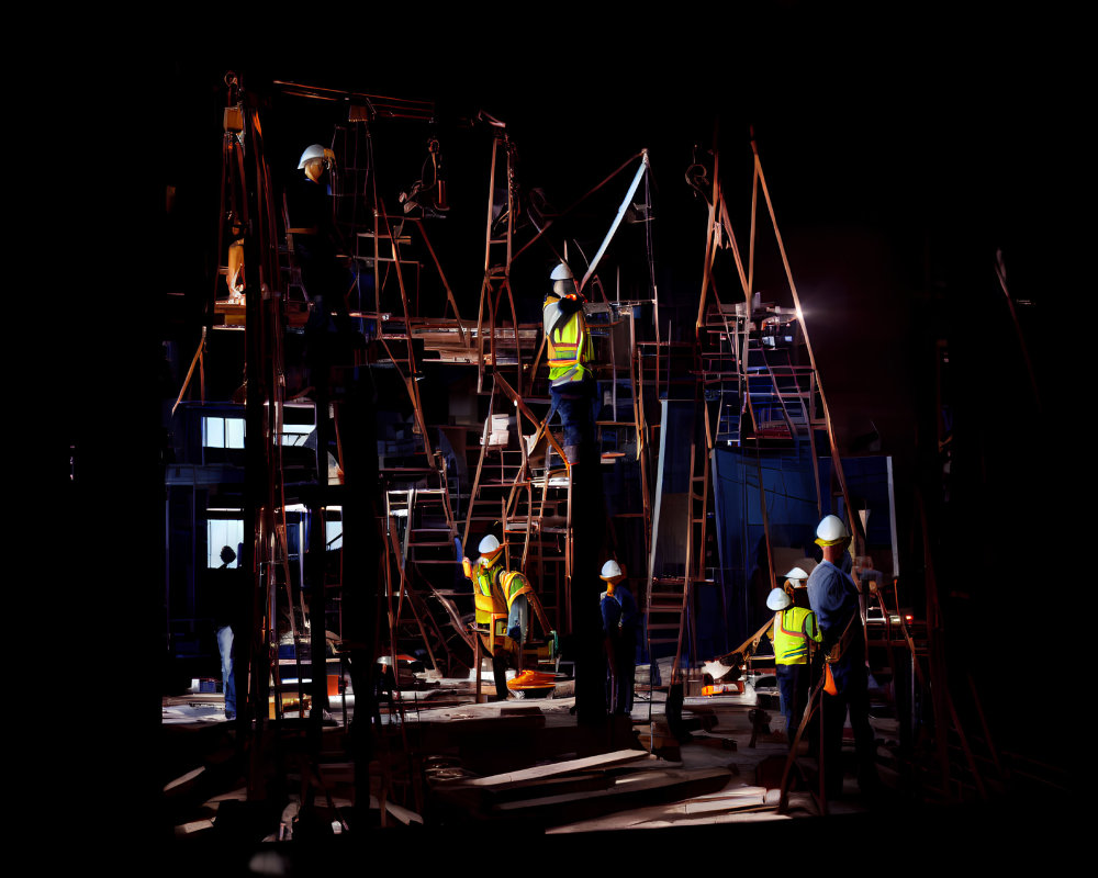 Construction workers in safety gear working on scaffolded site at night under artificial lighting
