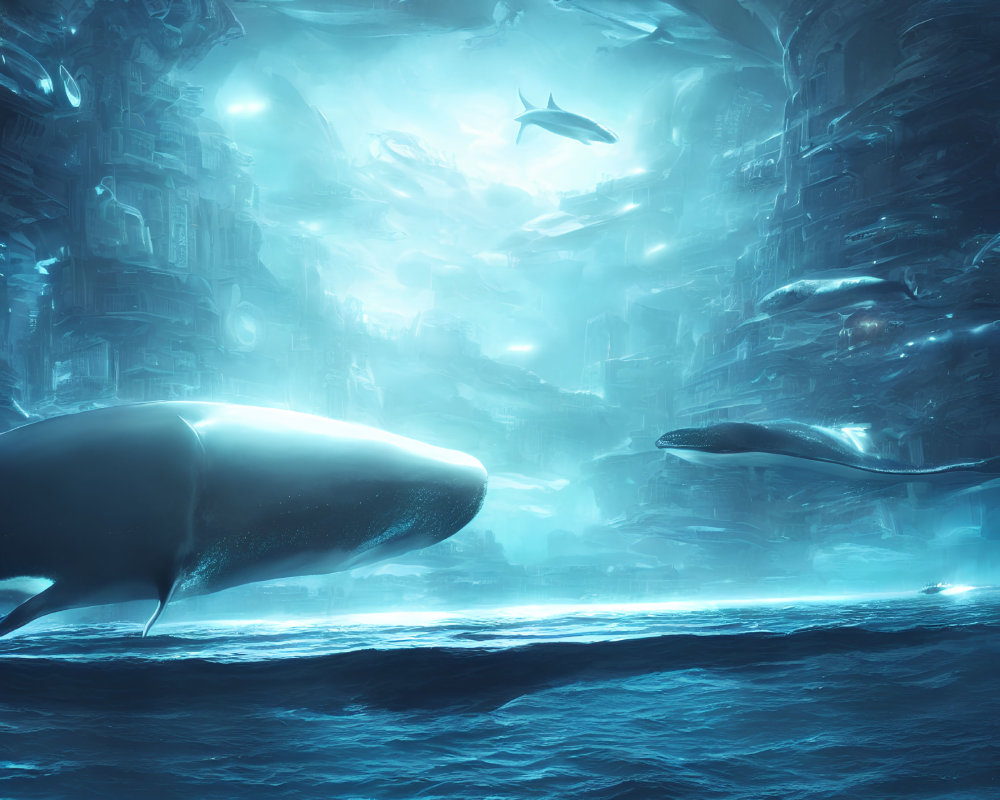 Whales swimming in sunlit ruins of a submerged city underwater