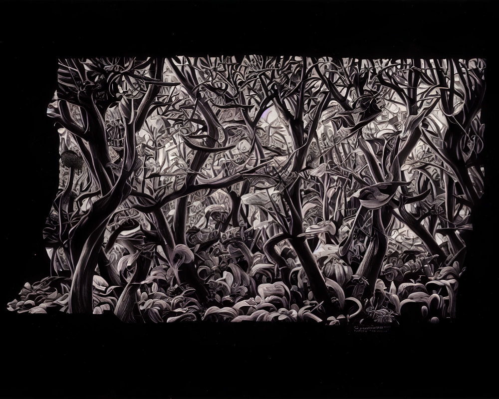 Detailed Monochrome Illustration of Dense, Twisted Forest