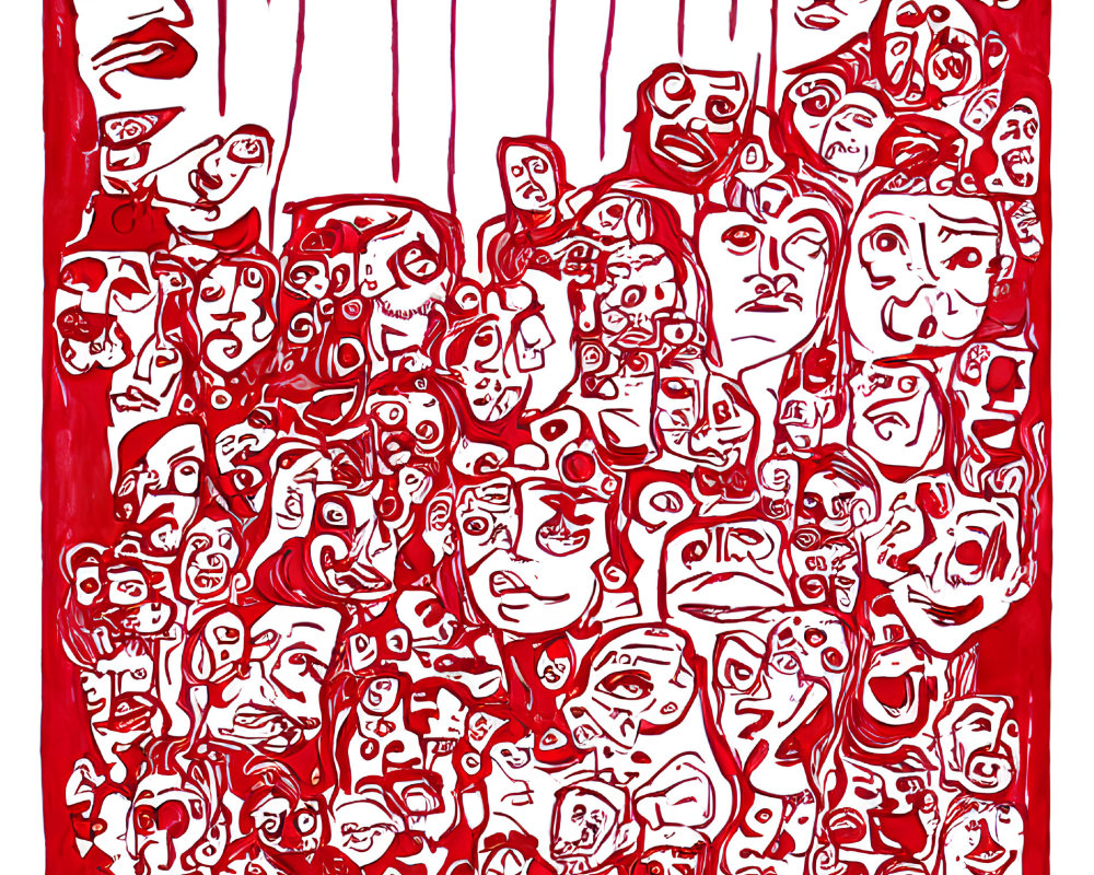 Stylized red and white illustration of diverse faces crowded together