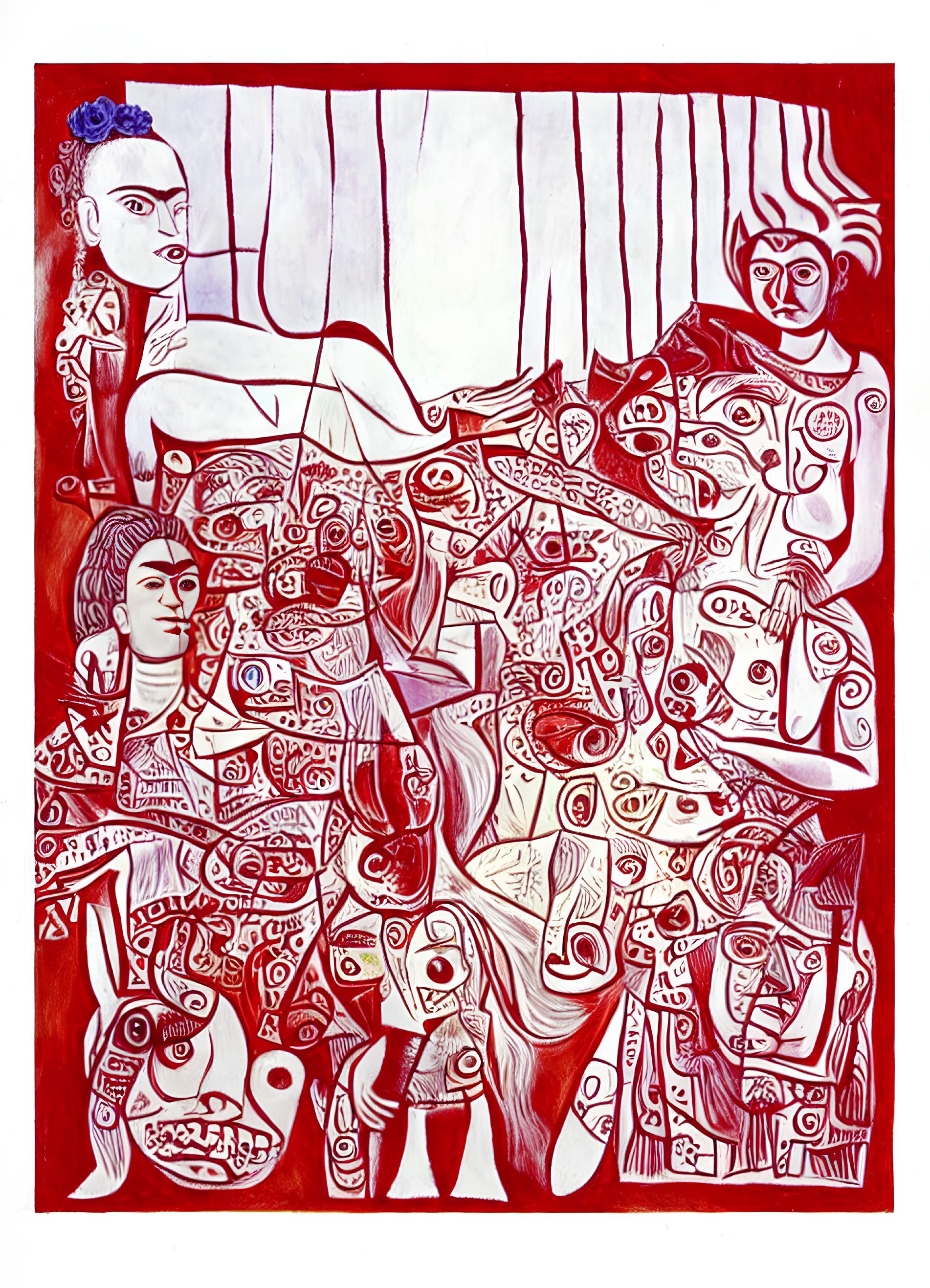 Abstract painting with stylized human figures and faces in red and white against a patterned background
