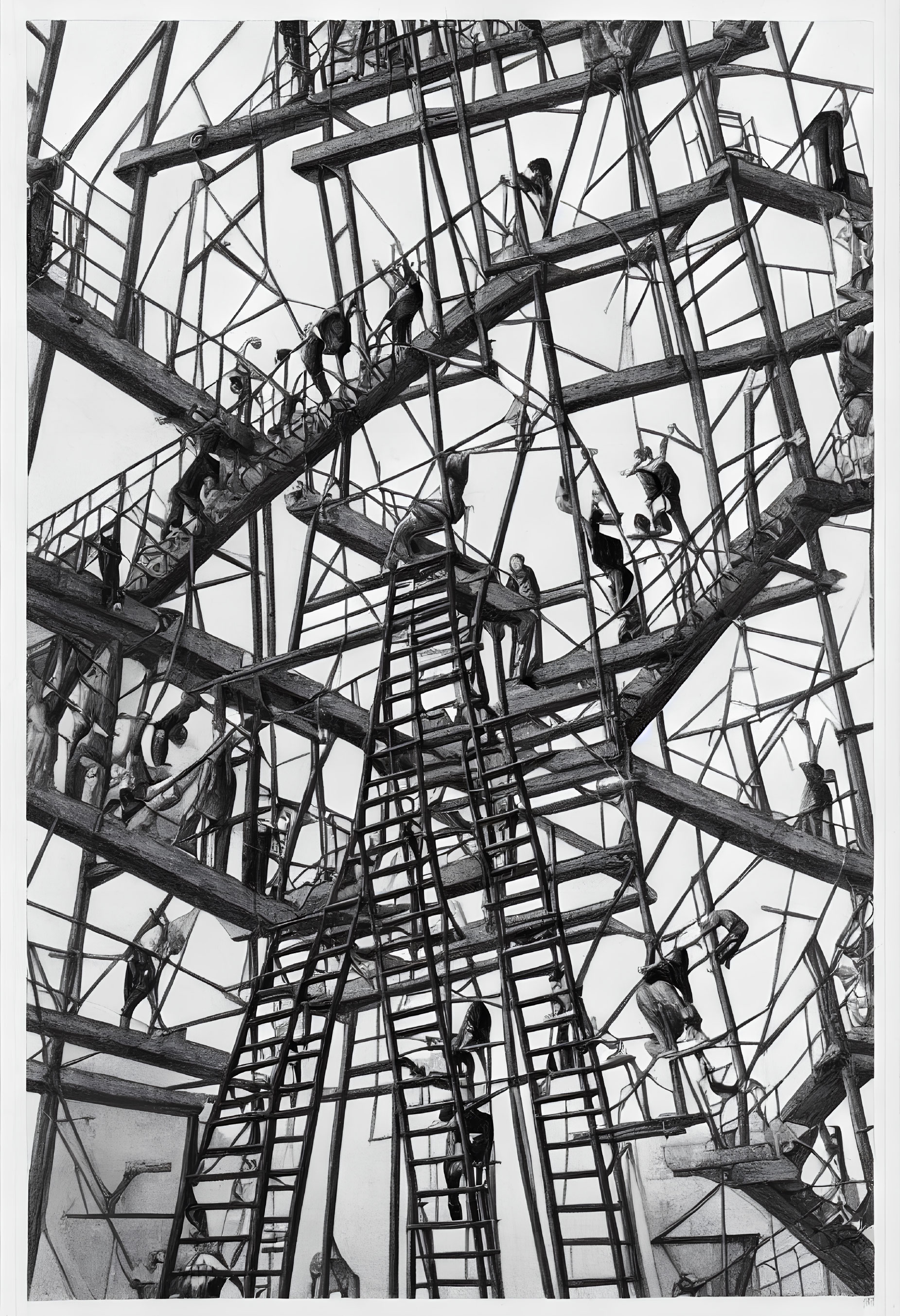 Busy scene of workers on intricate scaffolding
