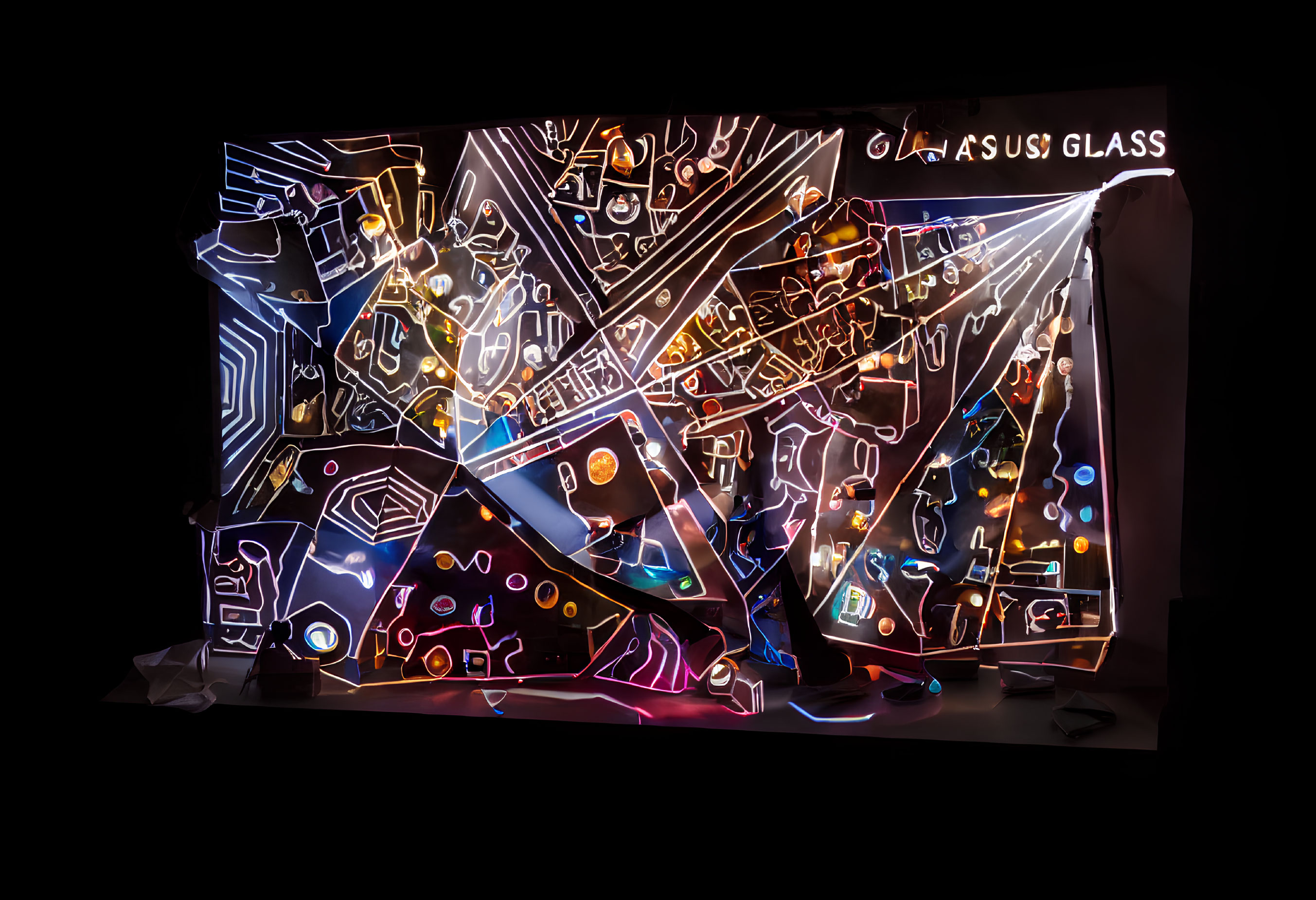 Colorful Neon Glass Art Installation with Intricate Patterns and Glowing Colors