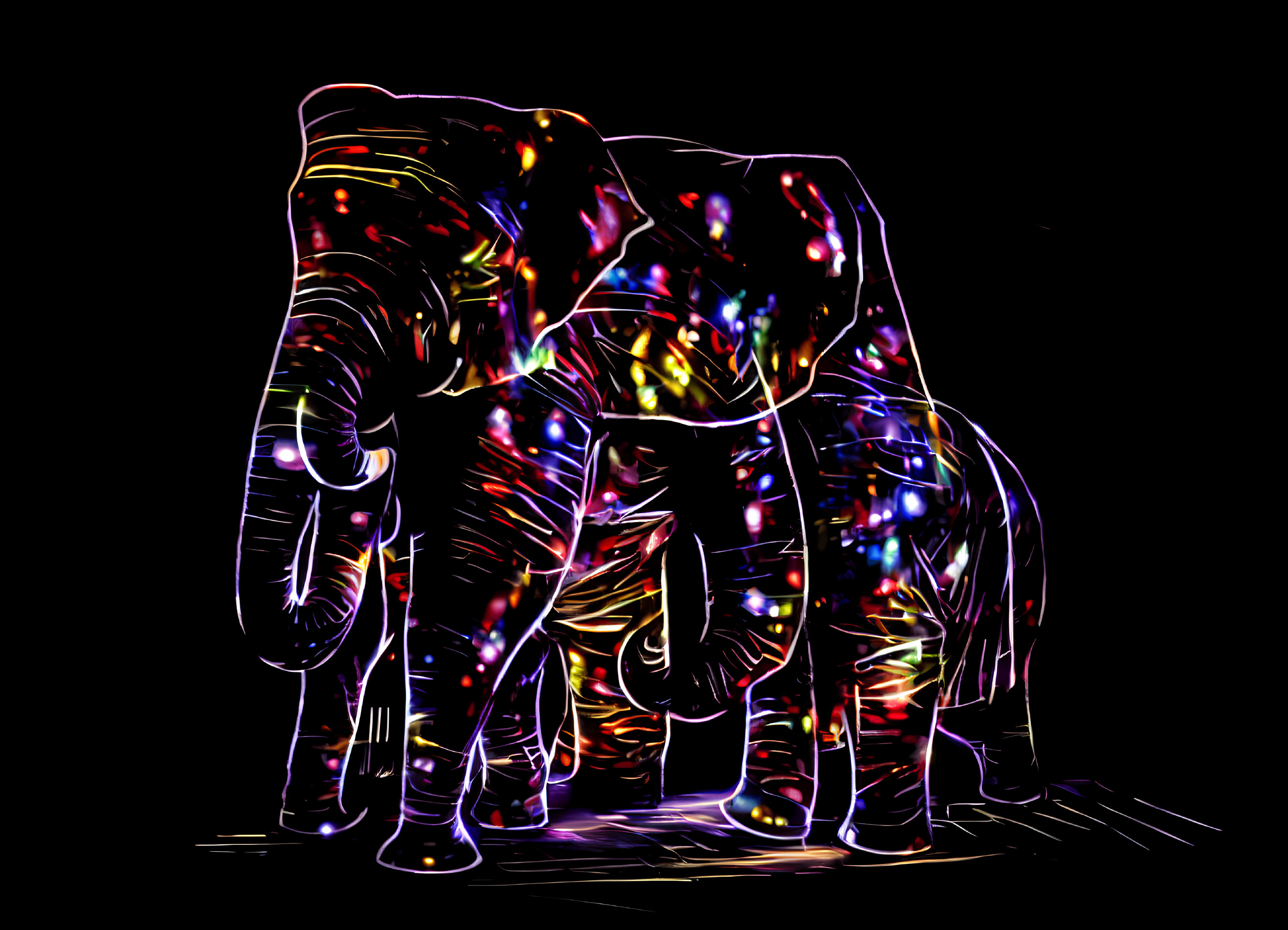 Vibrant neon-lit digital art of an elephant on black background