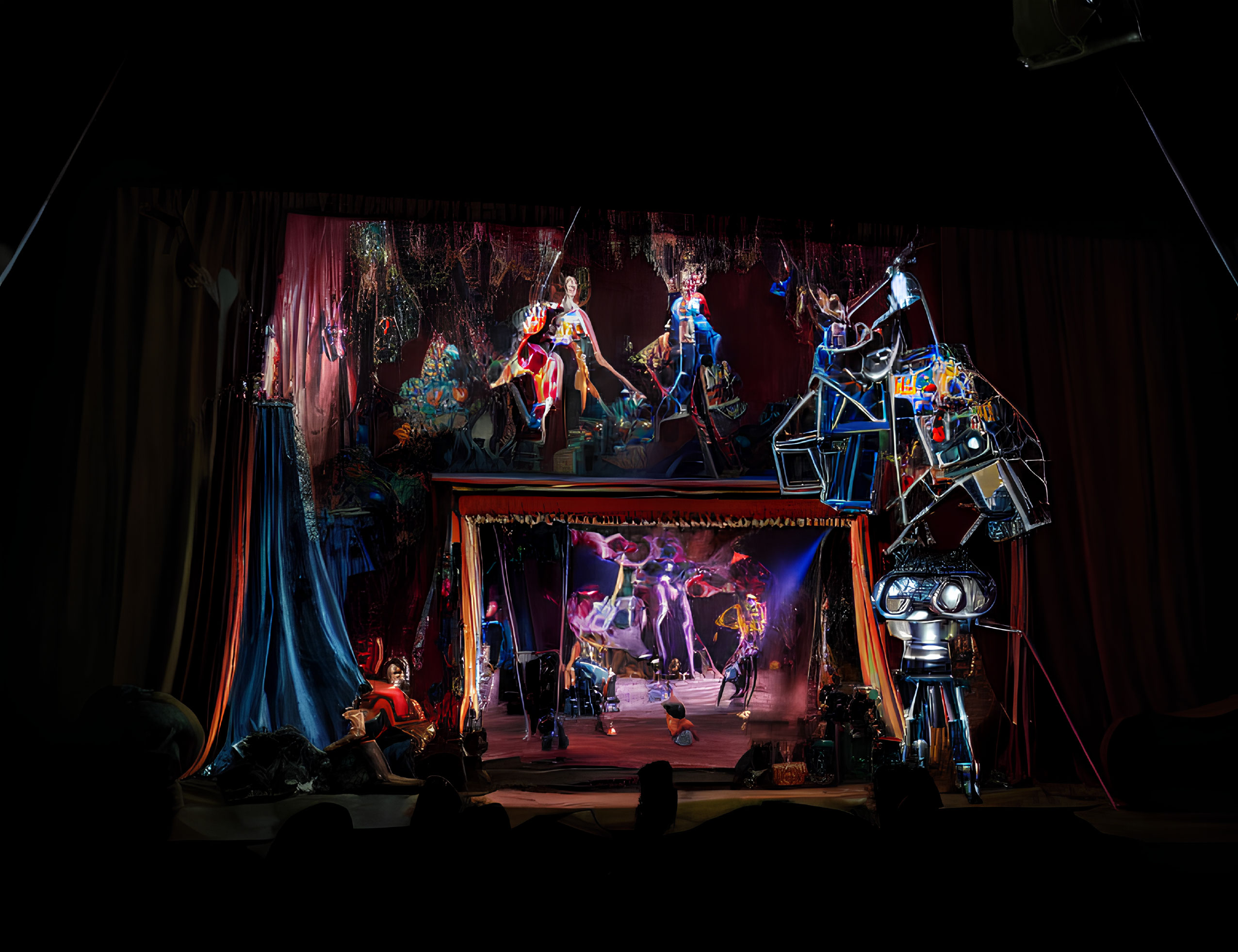 Theatrical stage with dramatic lighting and performers in elaborate costumes