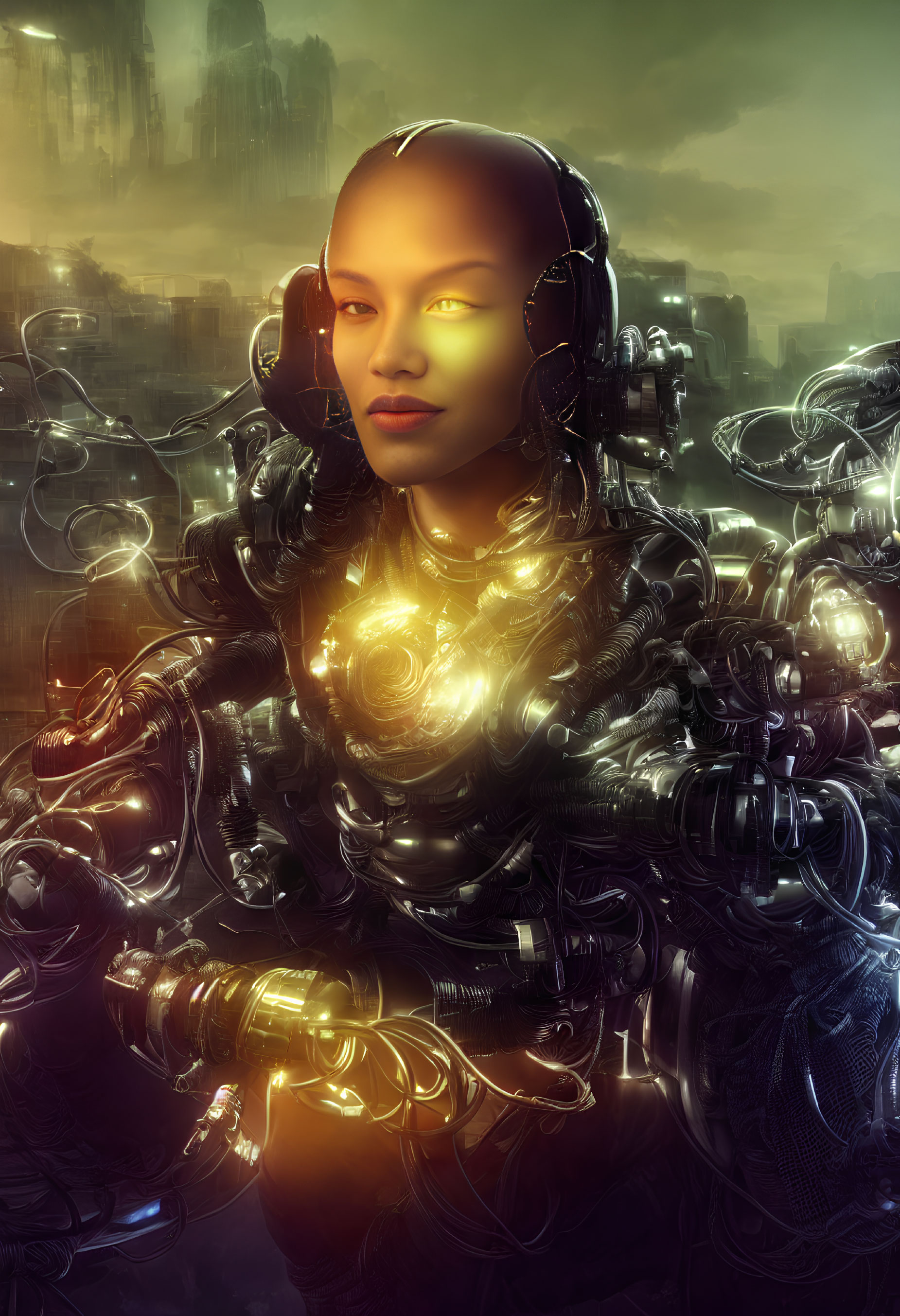 Female Cyborg with Glowing Elements and Advanced Armor in Futuristic Cityscape