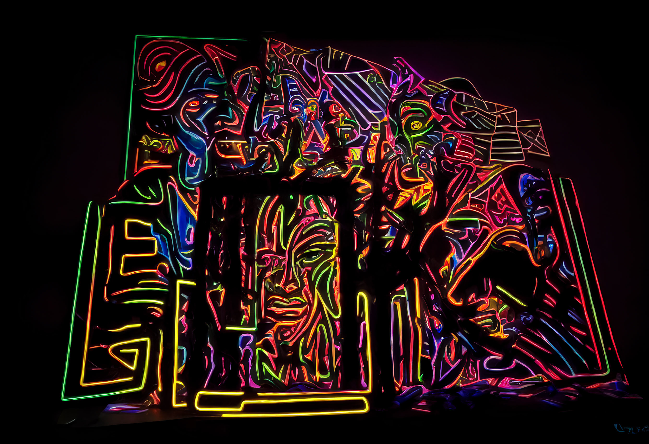 Abstract Neon Light Installation with Chaotic Lines on Dark Background