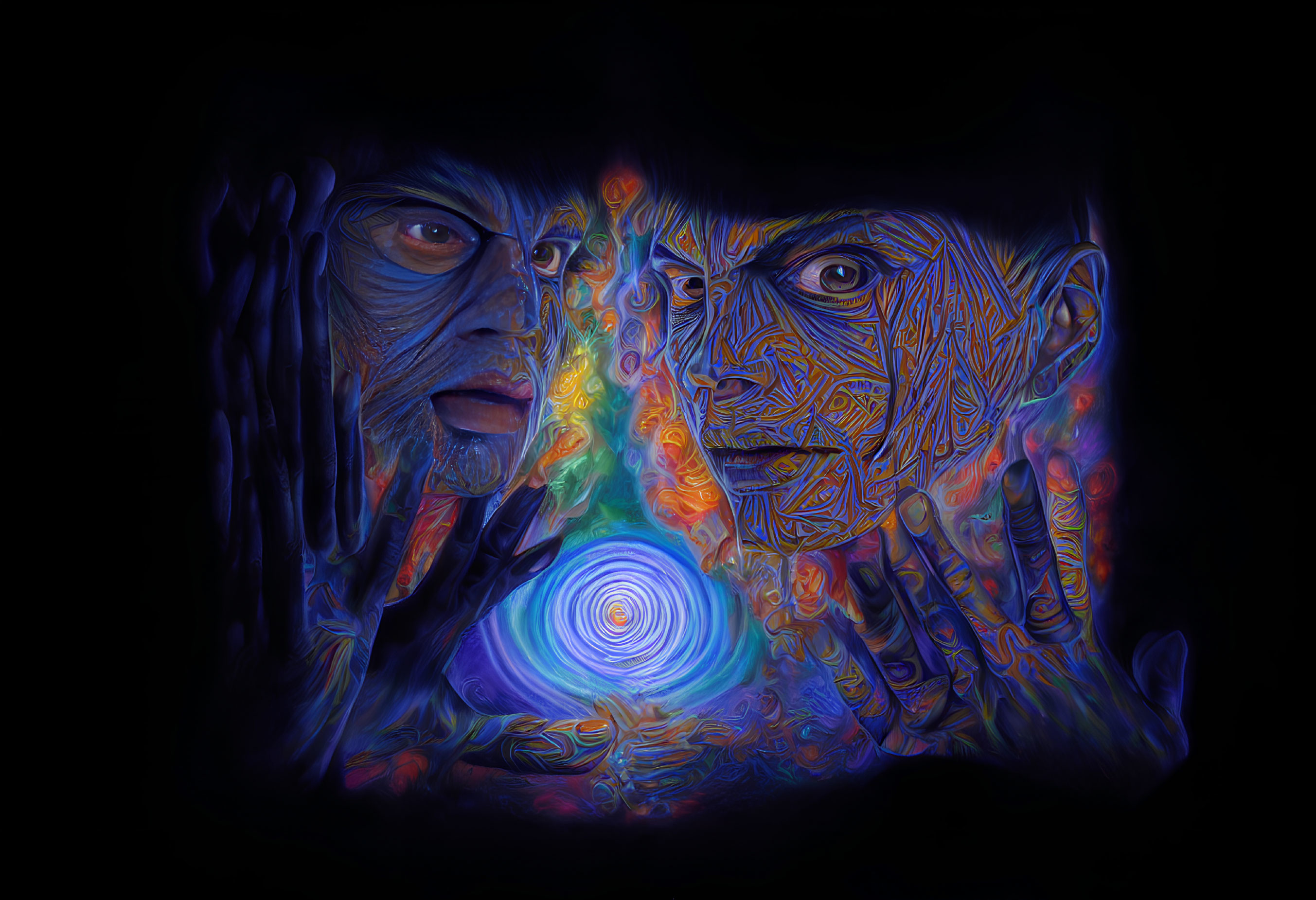 Colorful digital artwork: Two distorted faces with swirling patterns and hands on dark background