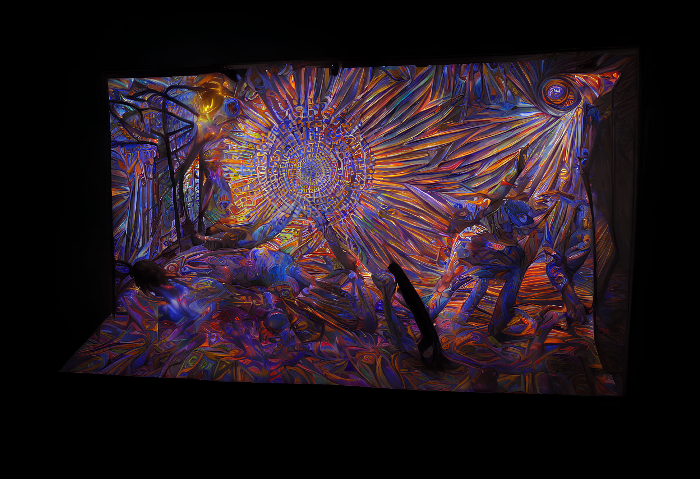 Colorful Psychedelic Room with Abstract Art Installation and Blending Figures