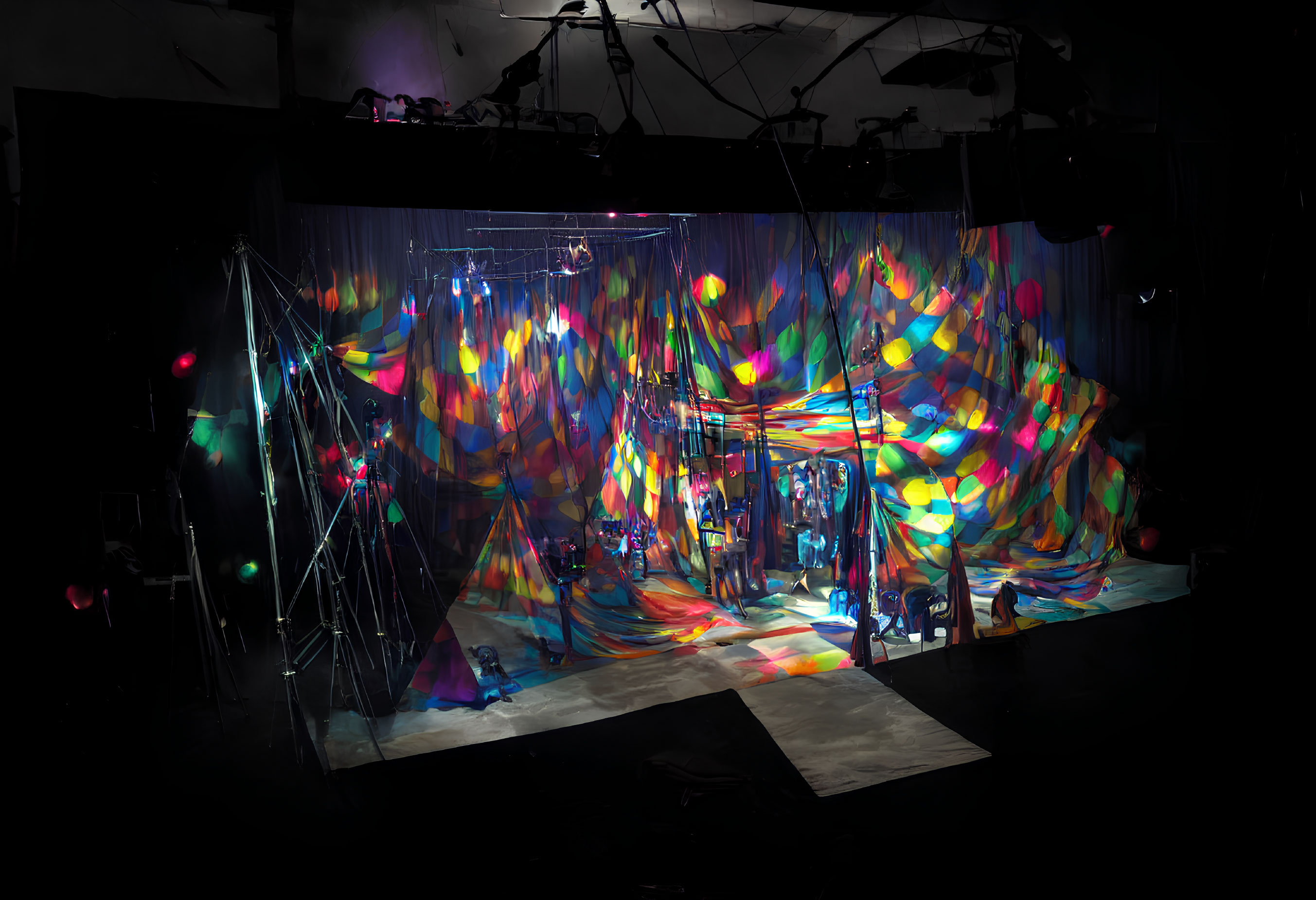 Colorful Abstract Stage Set with Intricate Lighting and Props