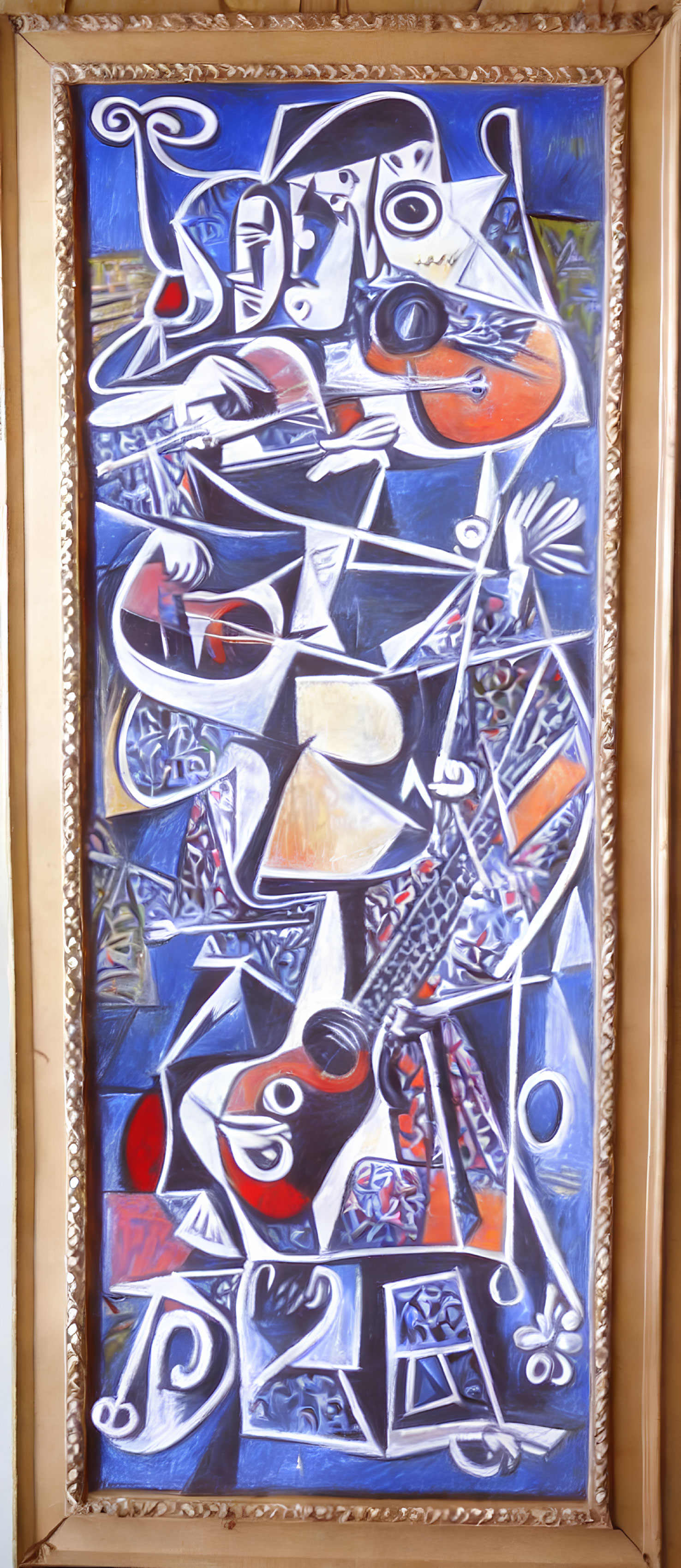 Abstract Vertical Painting with Geometric Shapes in Blue Palette