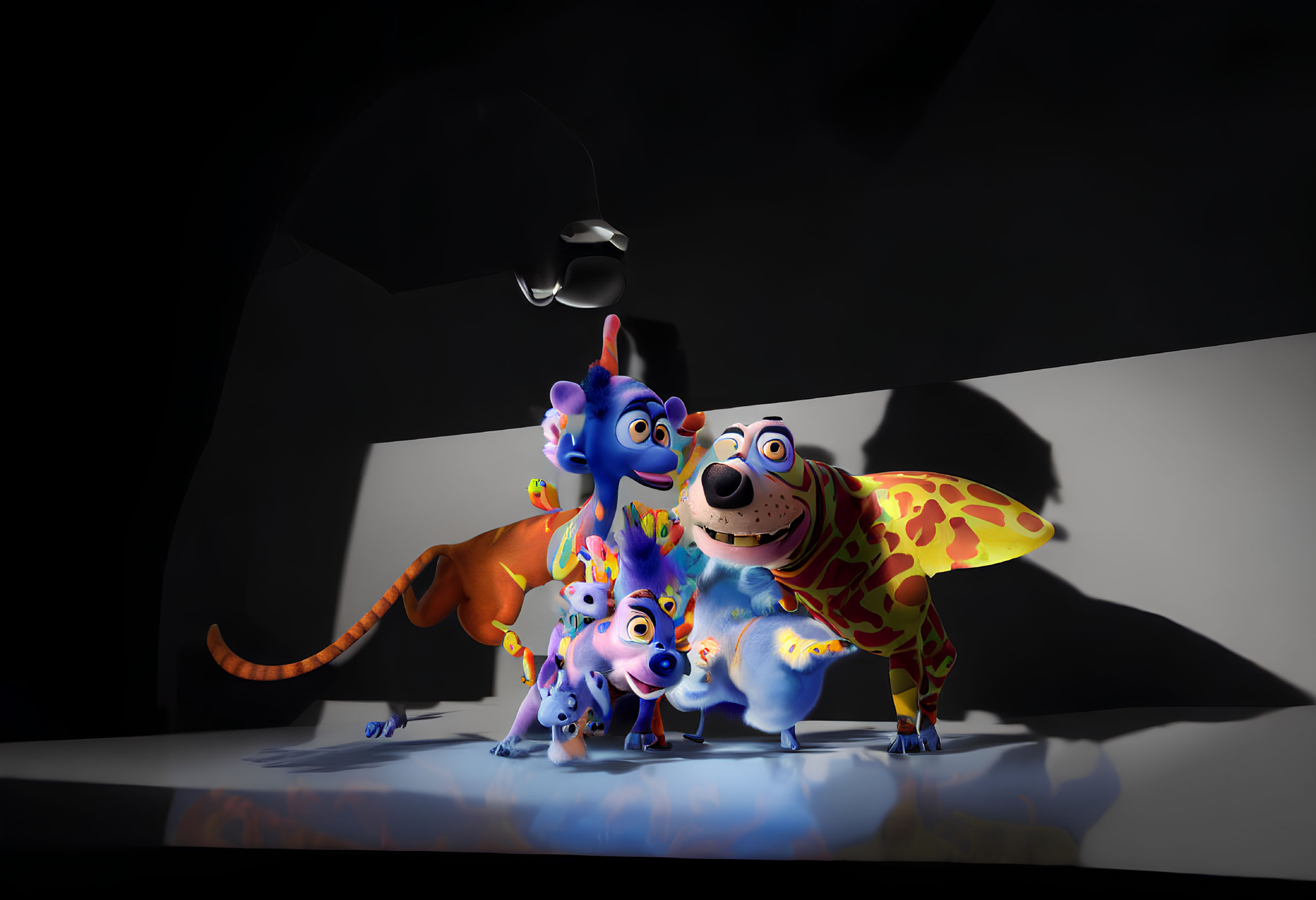 Colorful Family of Animal Characters Under Spotlight with Shared Shadow
