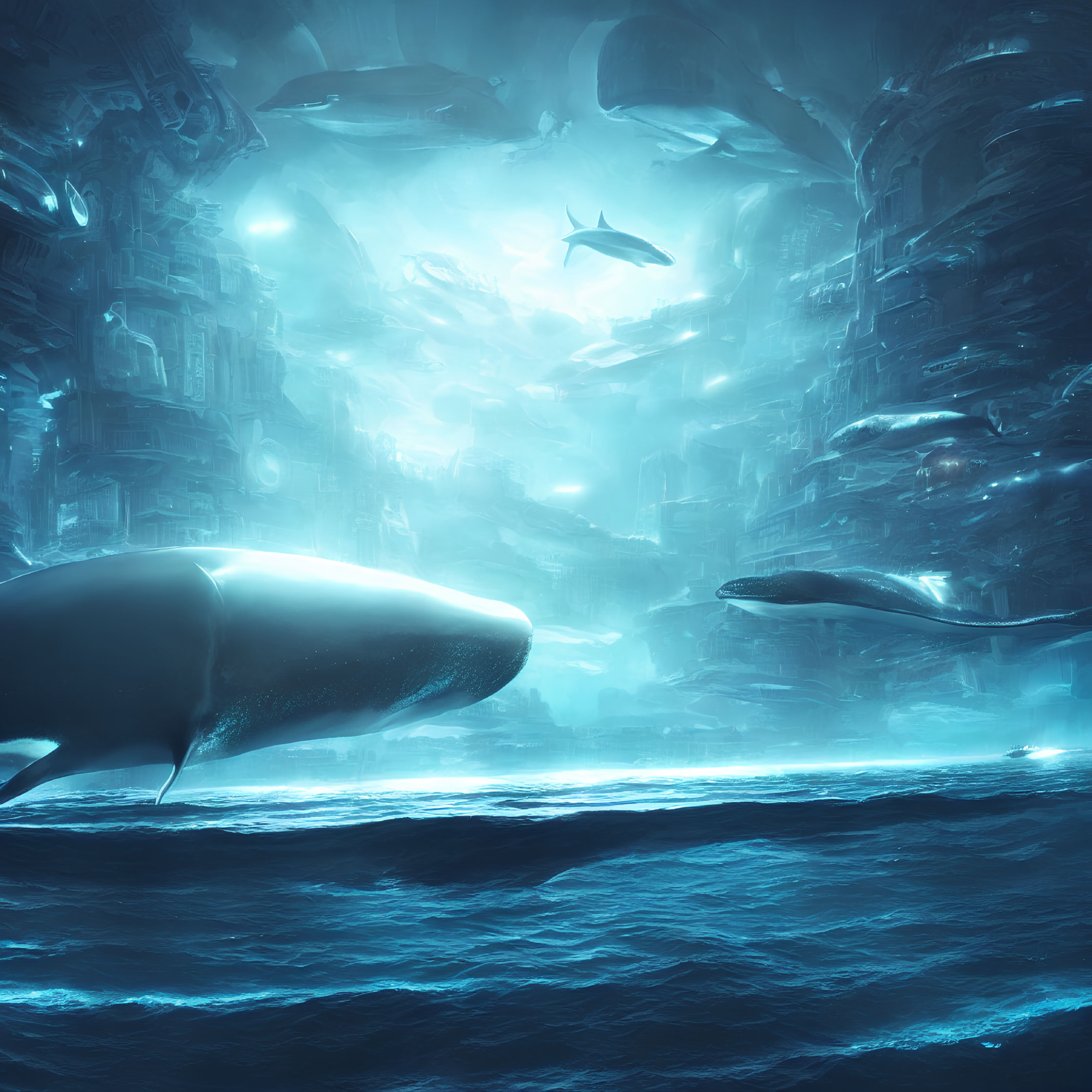 Whales swimming in sunlit ruins of a submerged city underwater