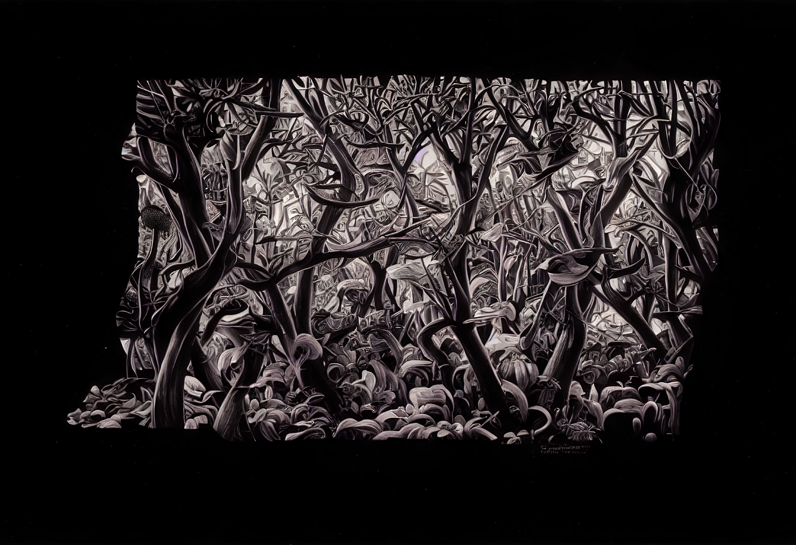 Detailed Monochrome Illustration of Dense, Twisted Forest