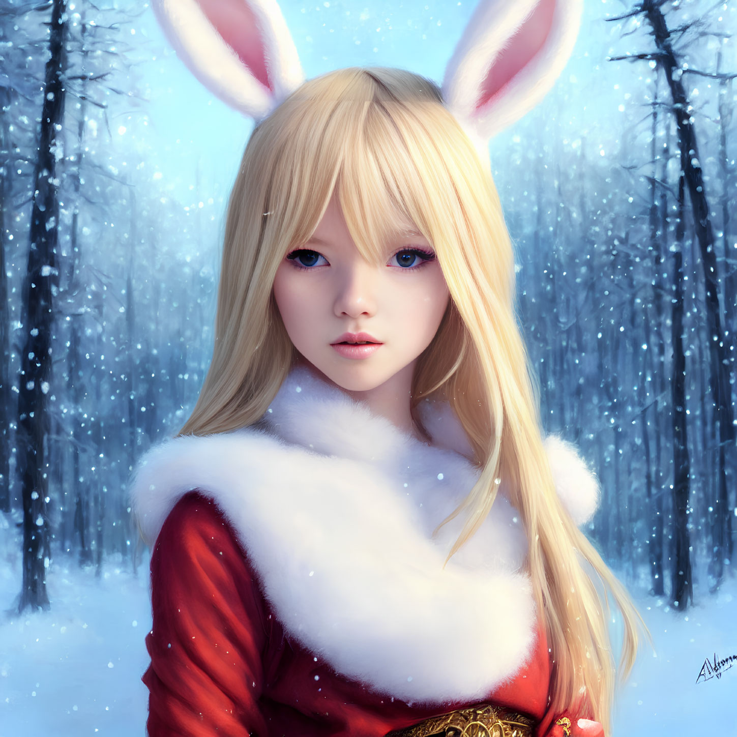 Blond person in red furry outfit with rabbit ears in snowy forest
