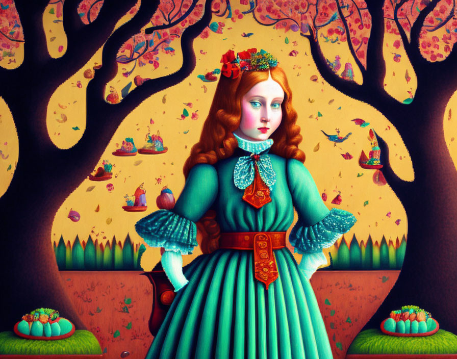 Stylized painting of red-haired girl in teal dress in whimsical forest