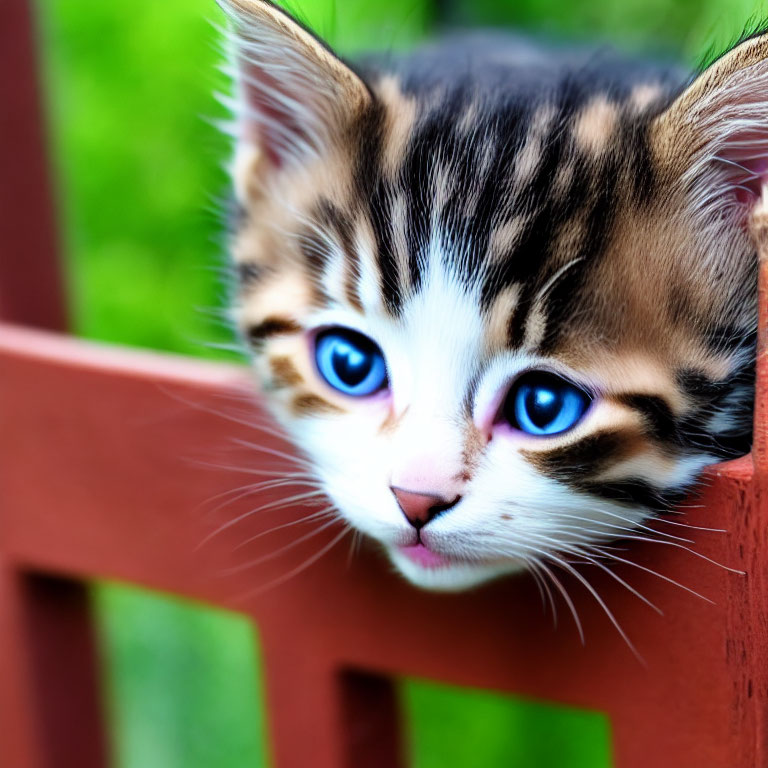 Tabby kitten with blue eyes peeking through red fence