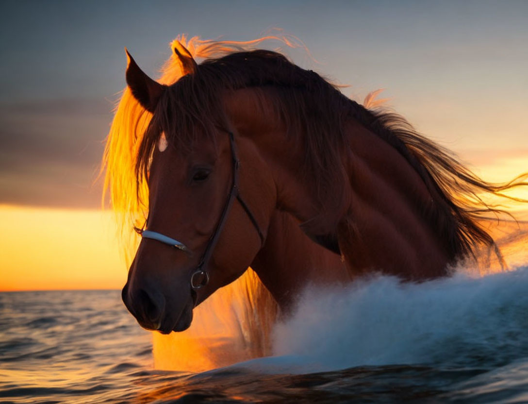 Majestic brown horse in water at golden sunset