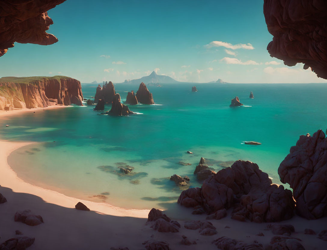 Tranquil coastal cave view: sandy beach, turquoise waters, towering rock formations.