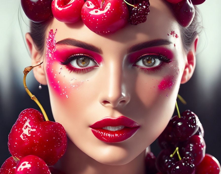Red and Pink High-Fashion Makeup Look with Cherry Motifs