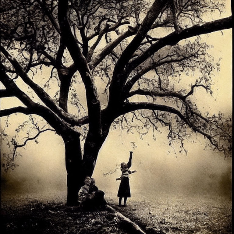 Children playing near leafless tree in misty setting evokes nostalgia.