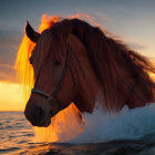 Majestic brown horse in water at golden sunset
