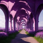 Surreal purple archway with lavender fields in digital artwork