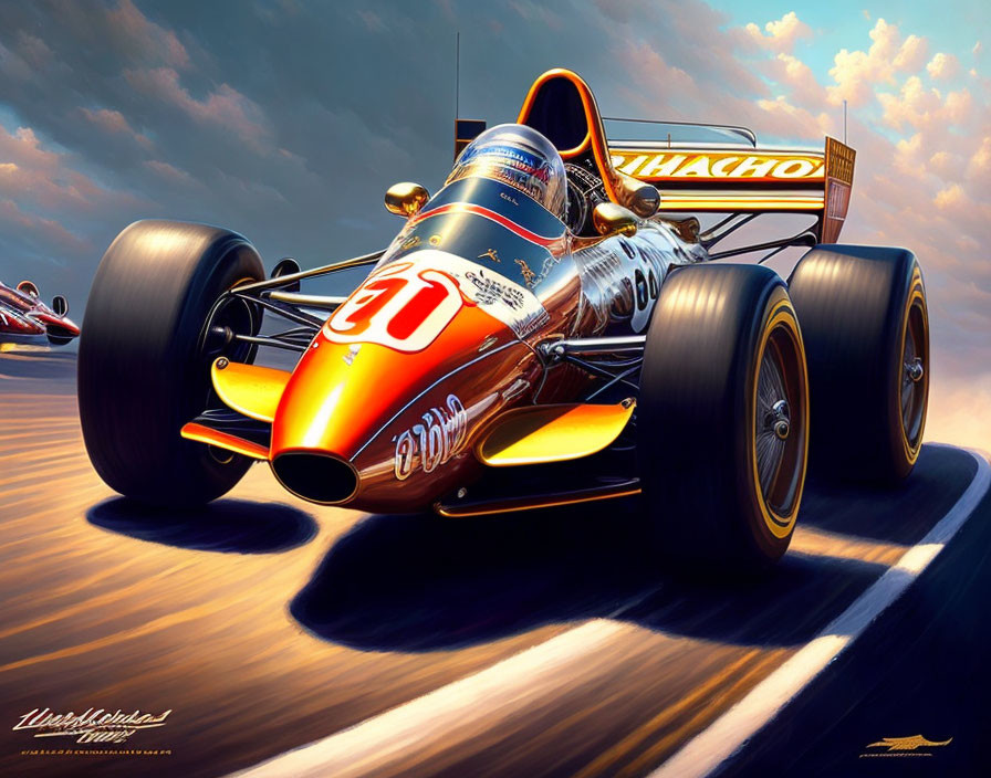 Vintage Red and Orange Race Car Number 20 Speeding Illustration