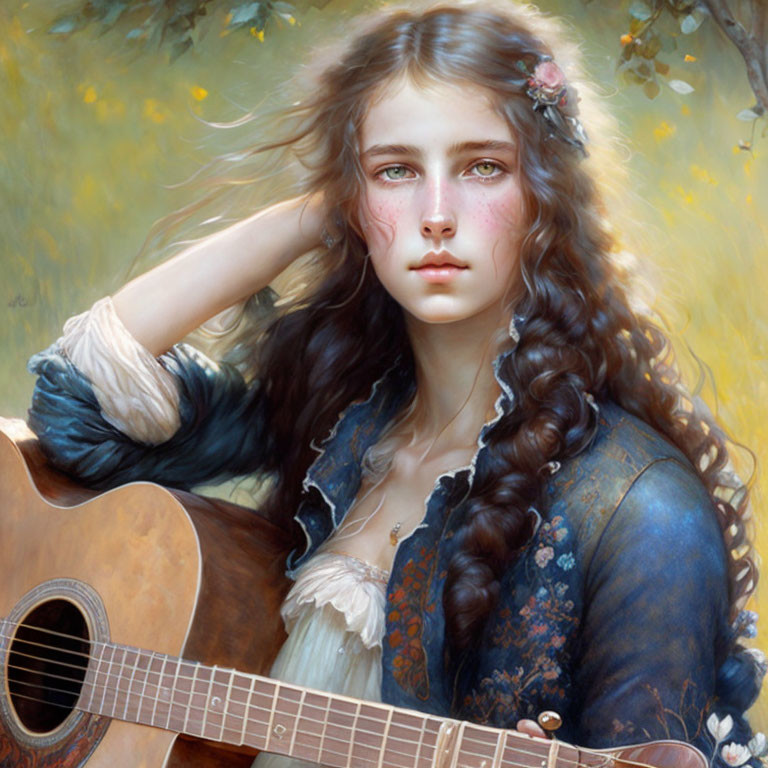 Portrait of young woman with curly hair and guitar in nature setting