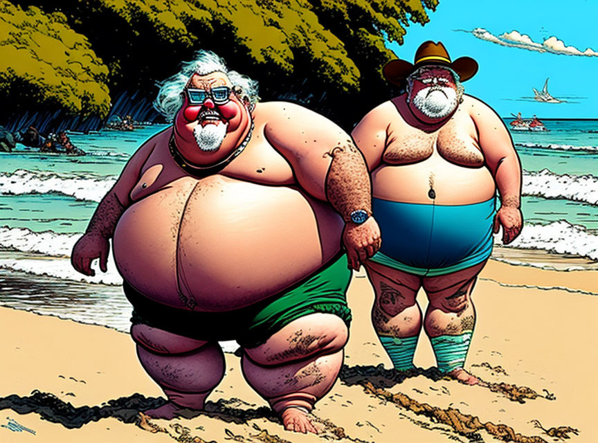 Exaggeratedly Large Animated Characters in Swimsuits on Beach