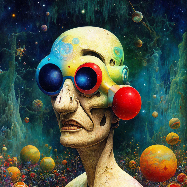 Colorful oversized glasses on skeletal creature in cosmic backdrop